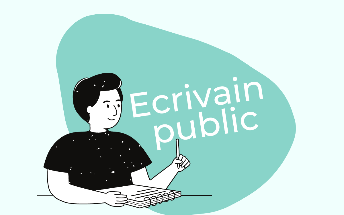 Personnage devant un cahier tenant un stylo à la main. Intitulé de l'activité : écrivainpublic