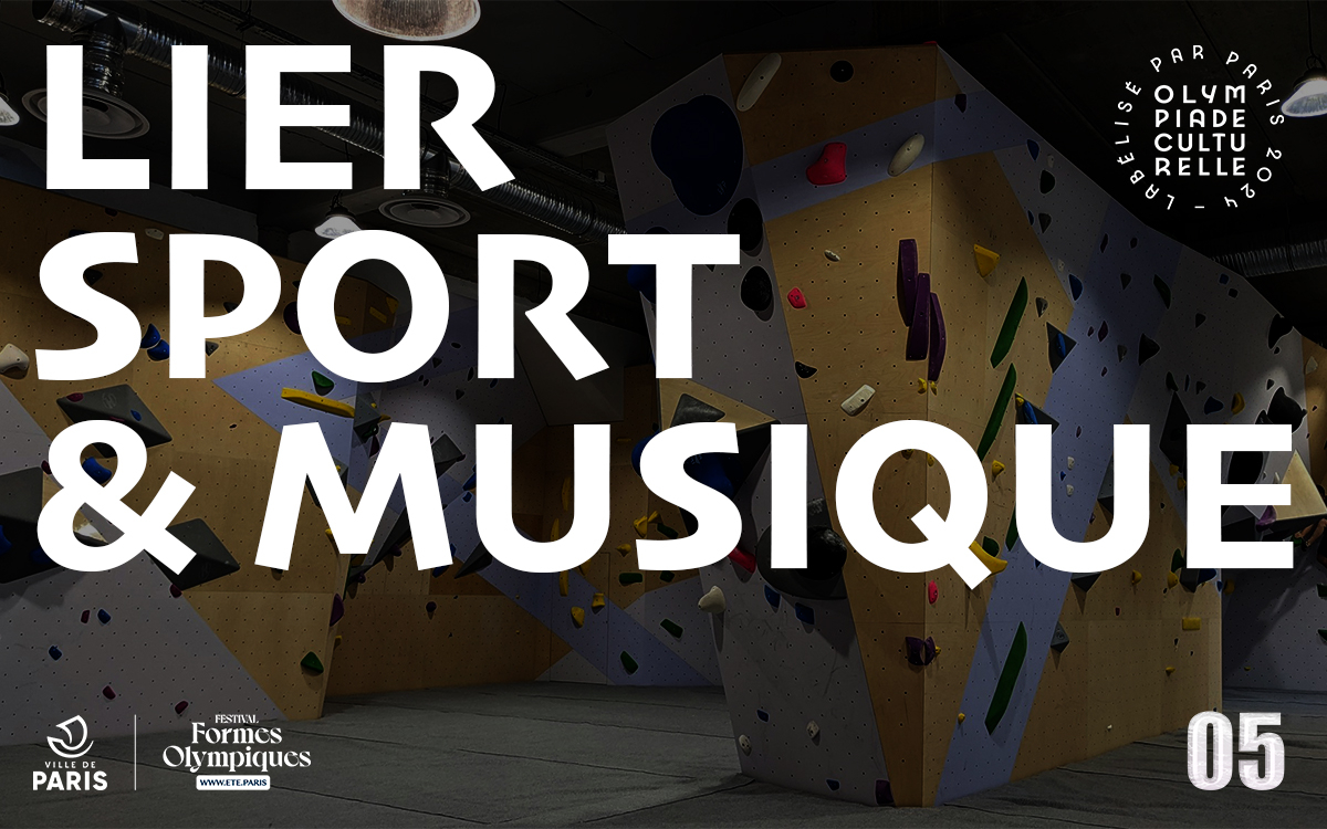 arrière plan le bar le triangle avec les logo de paris, track05, olympiades, et le titre du podcast "lier sport et musique"