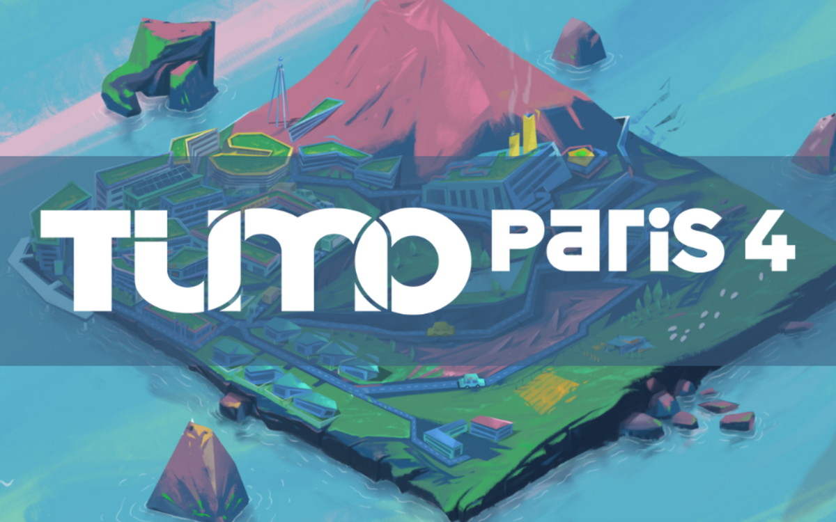 Logo de TUMO Paris 4 sur fond d'une île virtuelle écolo