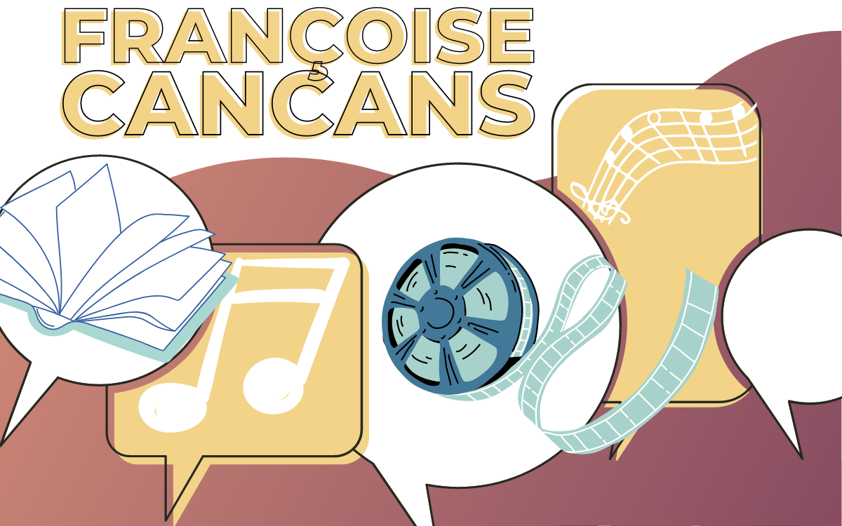 Intitulé de l'animation françoise cancans. Images de différents supports : un livre, une note de musique, une bobine de film. Fond de couleurs automnal