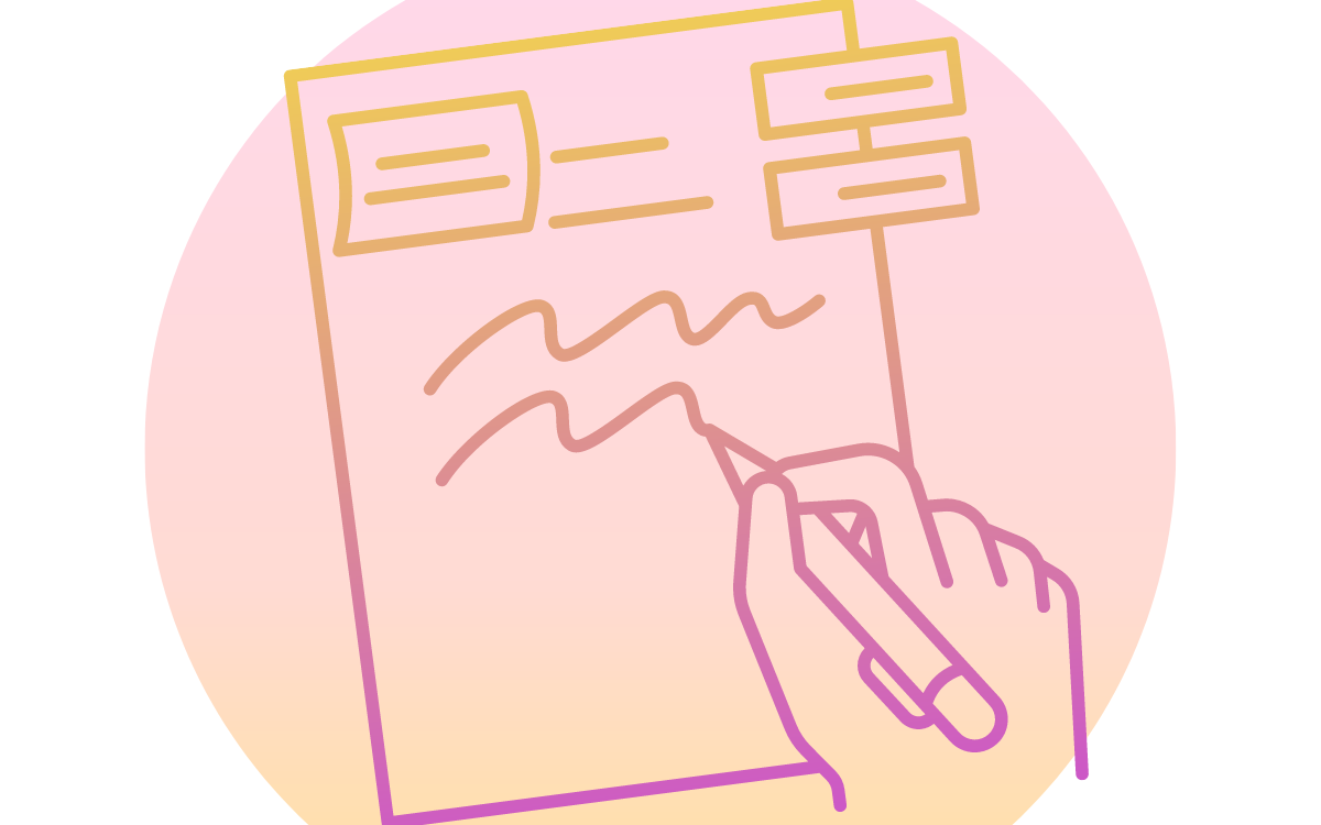 Feuille avec ligne d'écriture. Une main écrivant des lignes. Fond de couleur rose pâle.