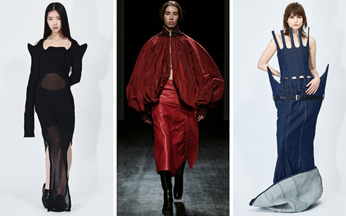 trois crátions de mode : une robe noire élegante, une jupe rouge avec son boléro et une bleue en forme de main