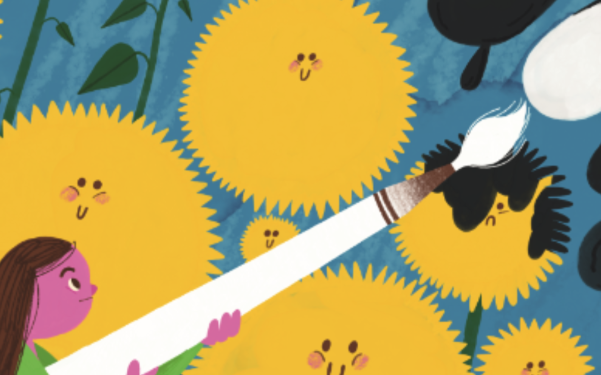 Illustration petite fille peignant les tournesols