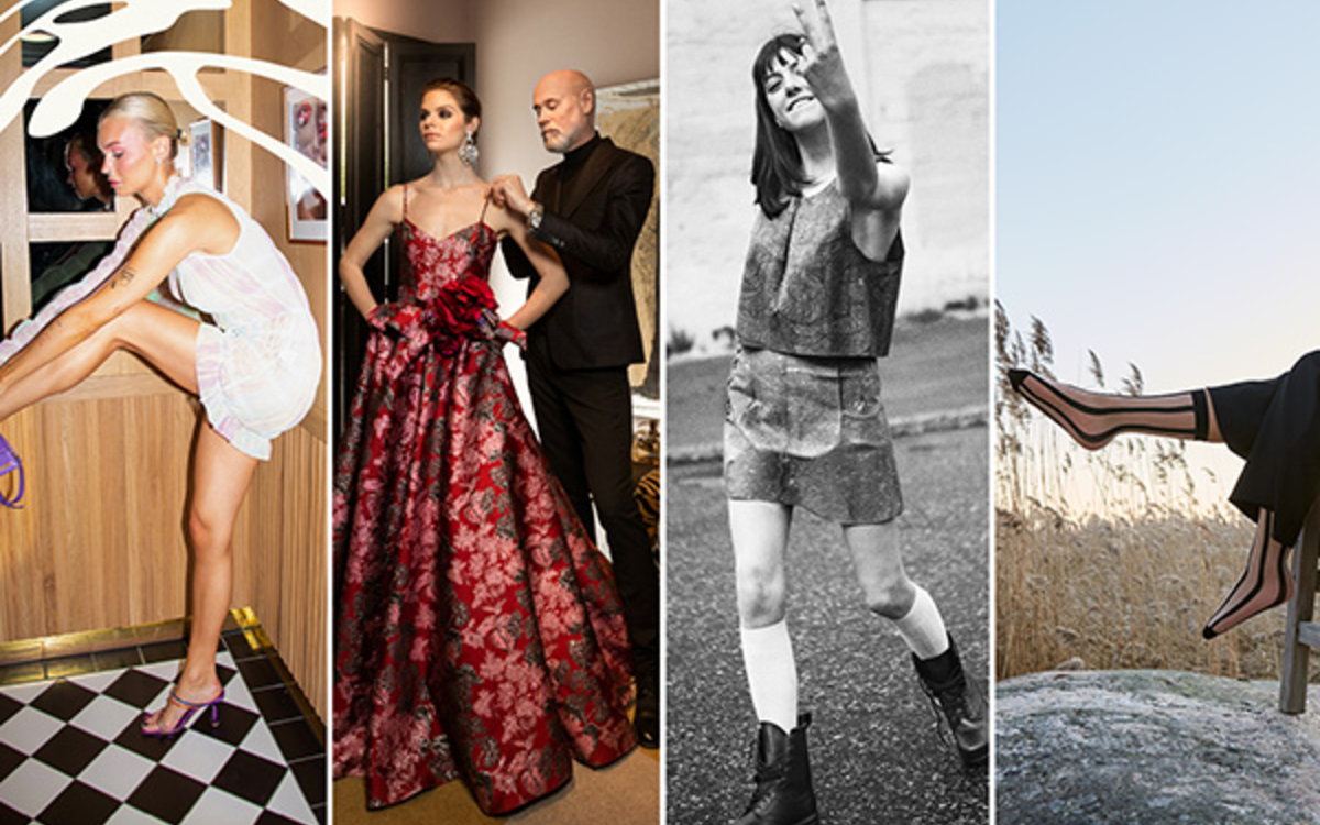 trois photos de mode : une femme habillée en blanc met sa chaussure, une femme dans une robe longue rouge de soirée est habillée,une femme en short fait un signe de la main, deux jambes dont on voit les chaussettes designs