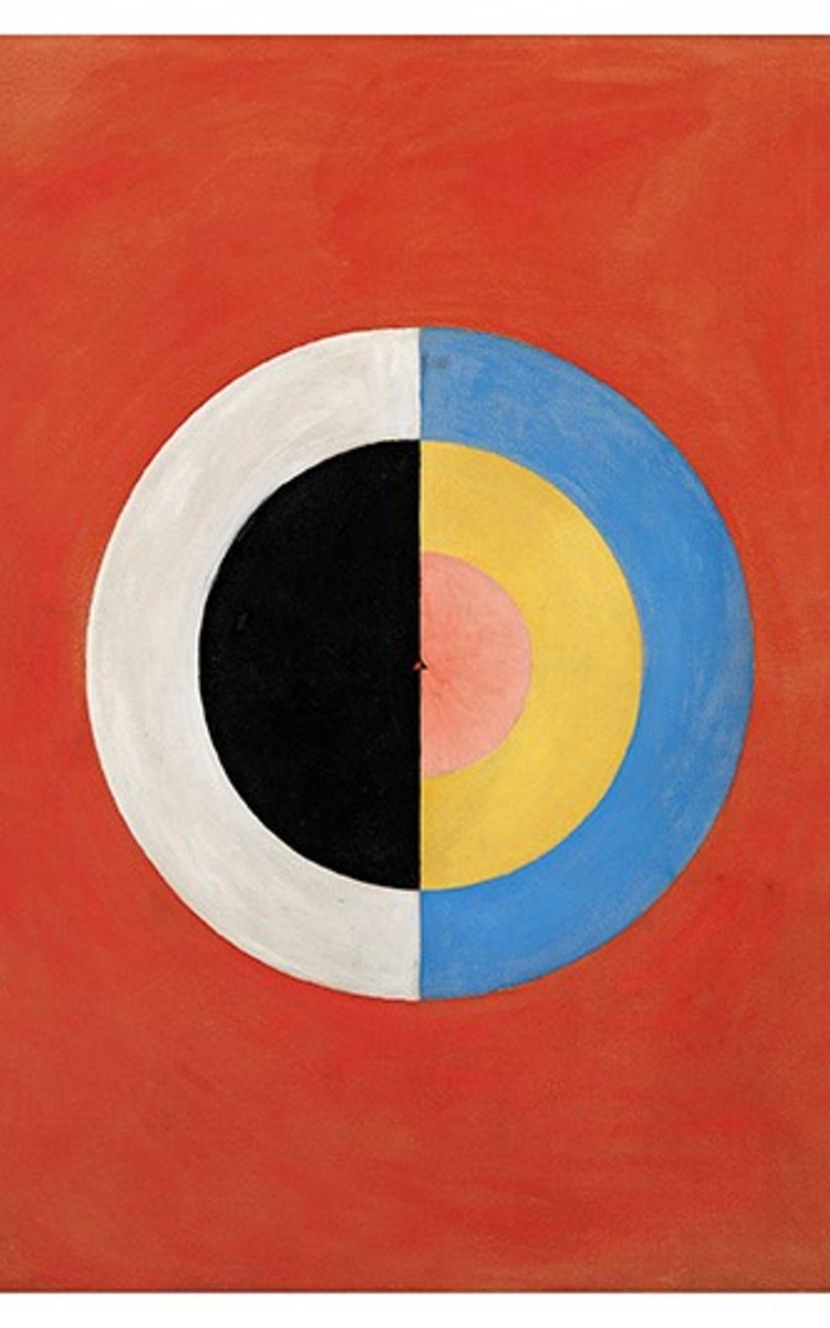 Peinture fond rouge avec cercles coupés en deux de plusieurs couleurs en son centre