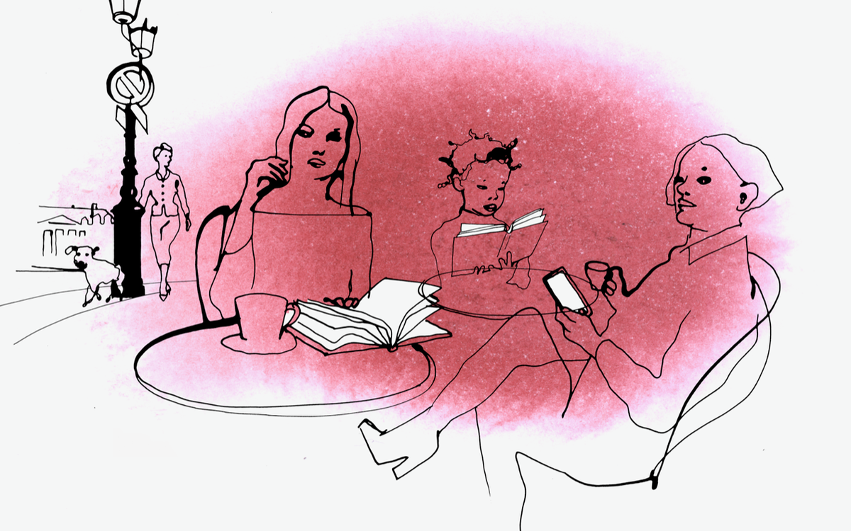 Dessin de trois personnes assisent à la table d'un café entrain de lire des livres