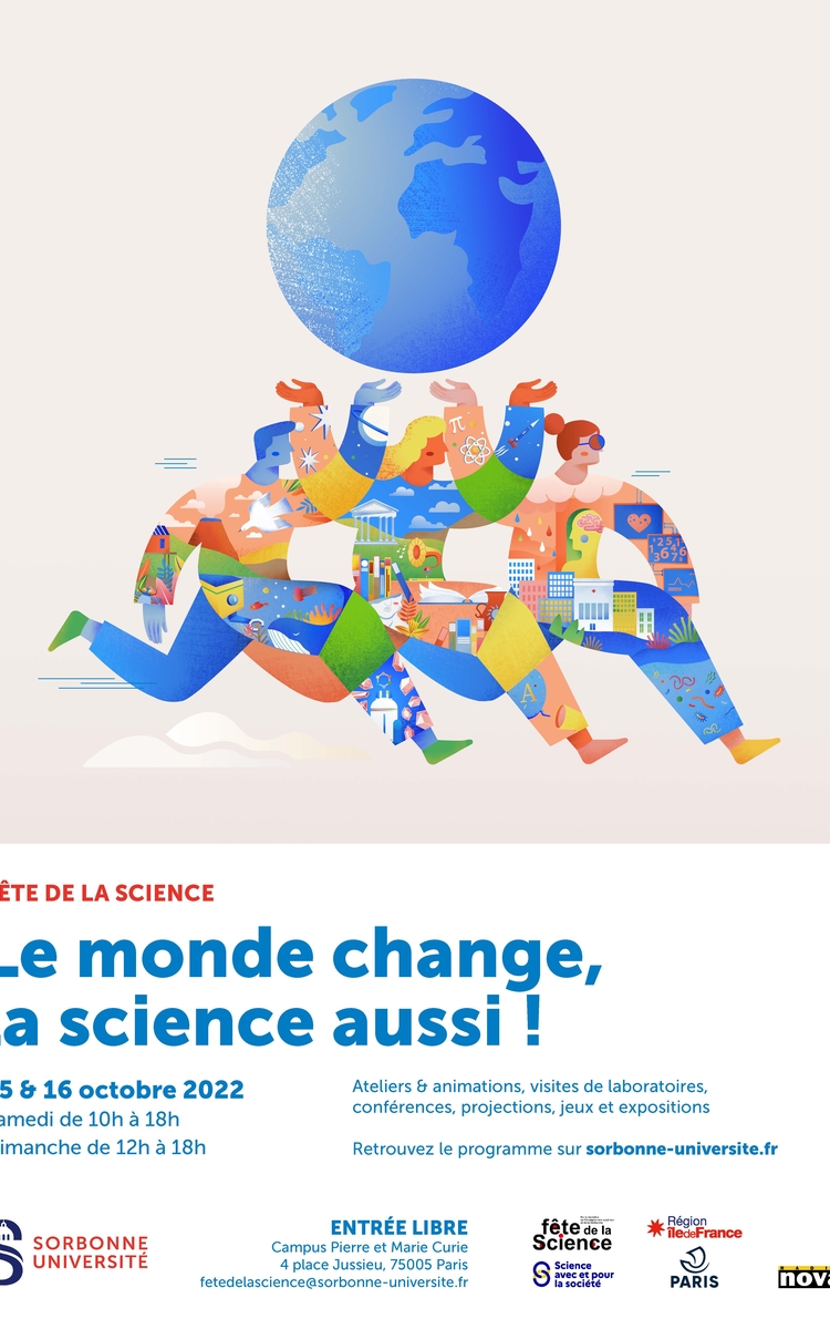 Trois personnages représentant les trois facultés de Sorbonne Université portent un globe terrestre.