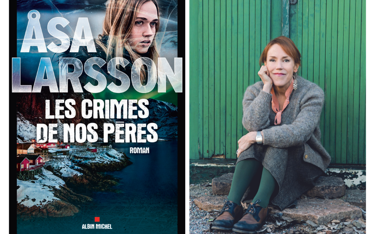 image coupée en deux : à droite Åsa Larsson assise par terre, à gauche la couverture de son livre " Les Crimes de nos pères"