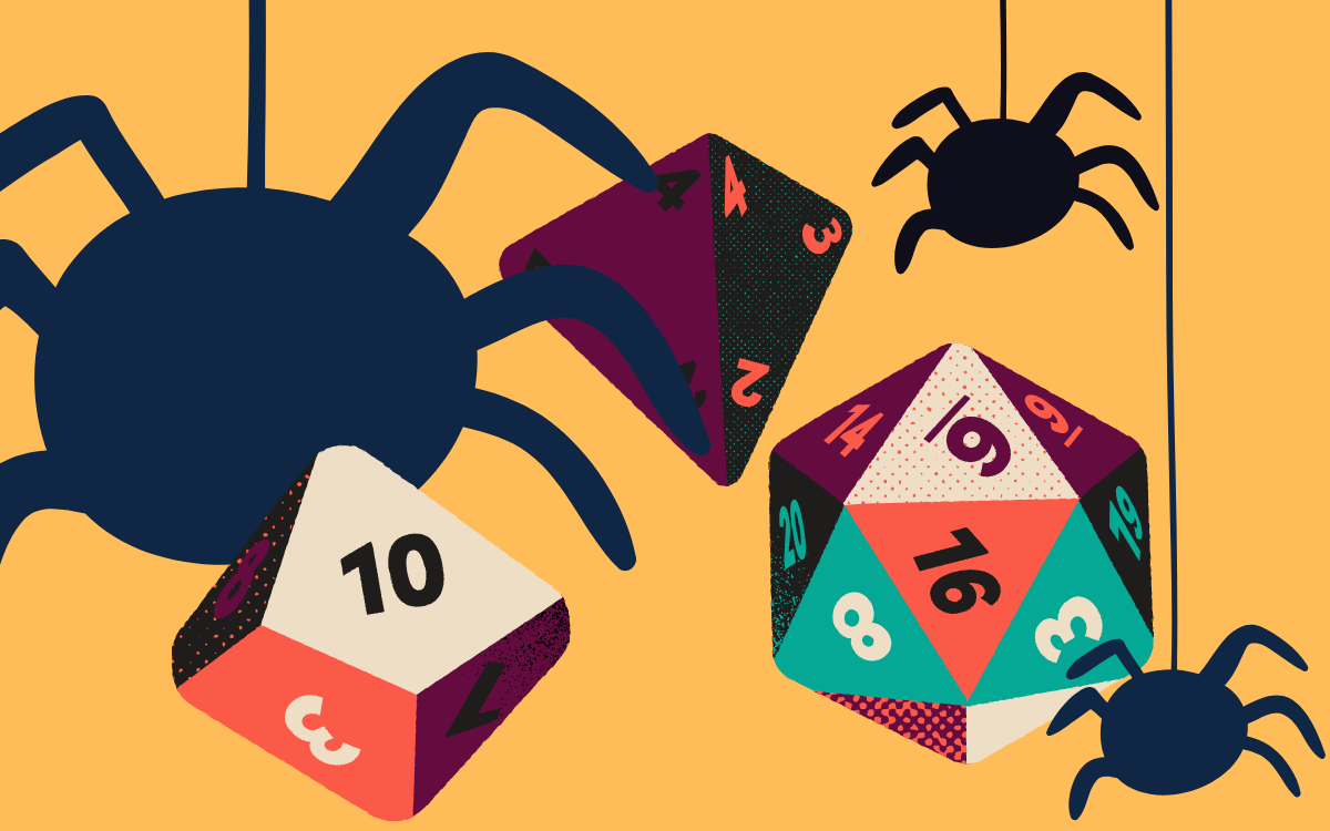 Des dés de jeu de couleurs ave des araignées noires en fond d'affiche jaune