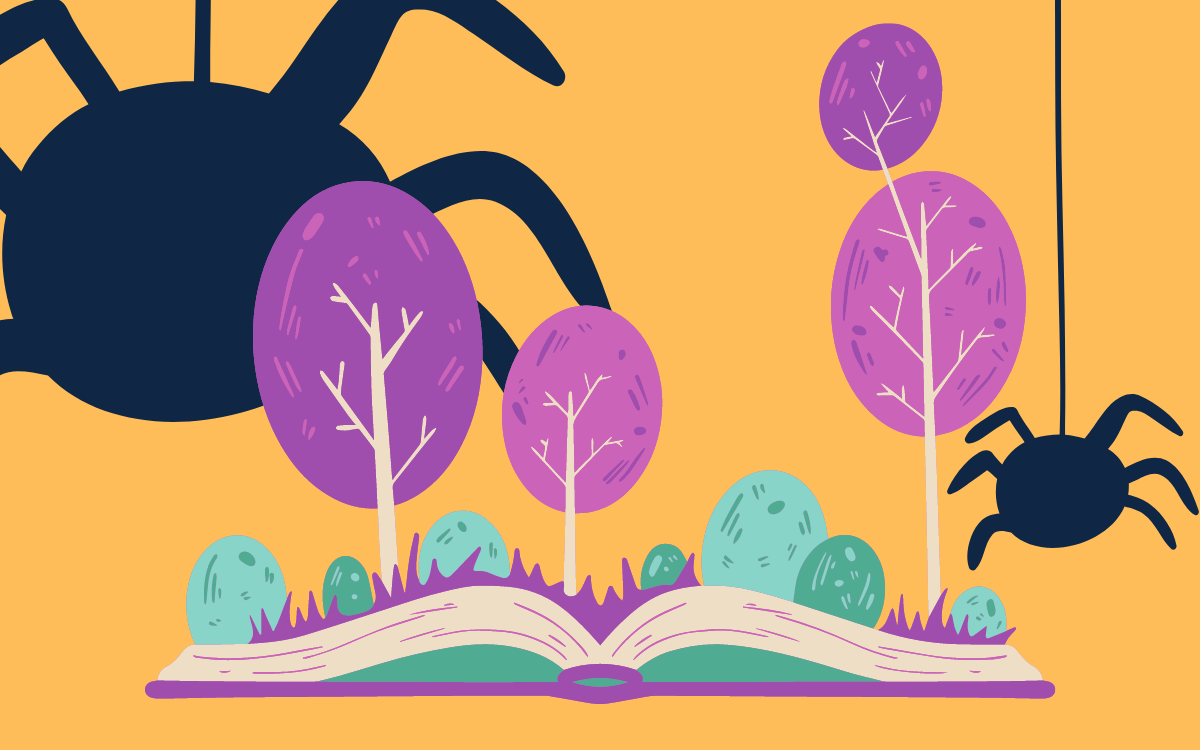 Visuel du samedi des petits avec des araignées noires en fond 