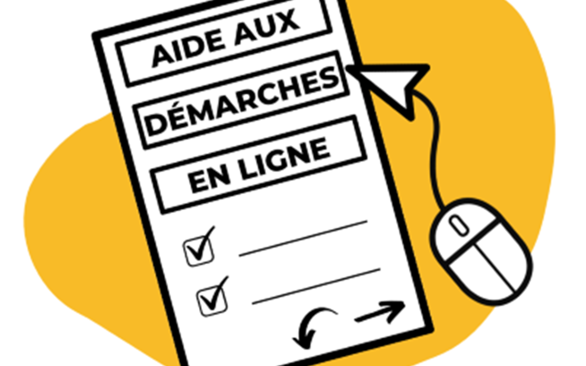 Page blanche indiquant l'intitulé d el'activité : Aide aux démarches en ligne sur fond de bulle jaune