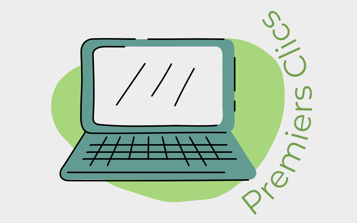 Pc portable ouvert. Intitulé de l'animation : premiers clics