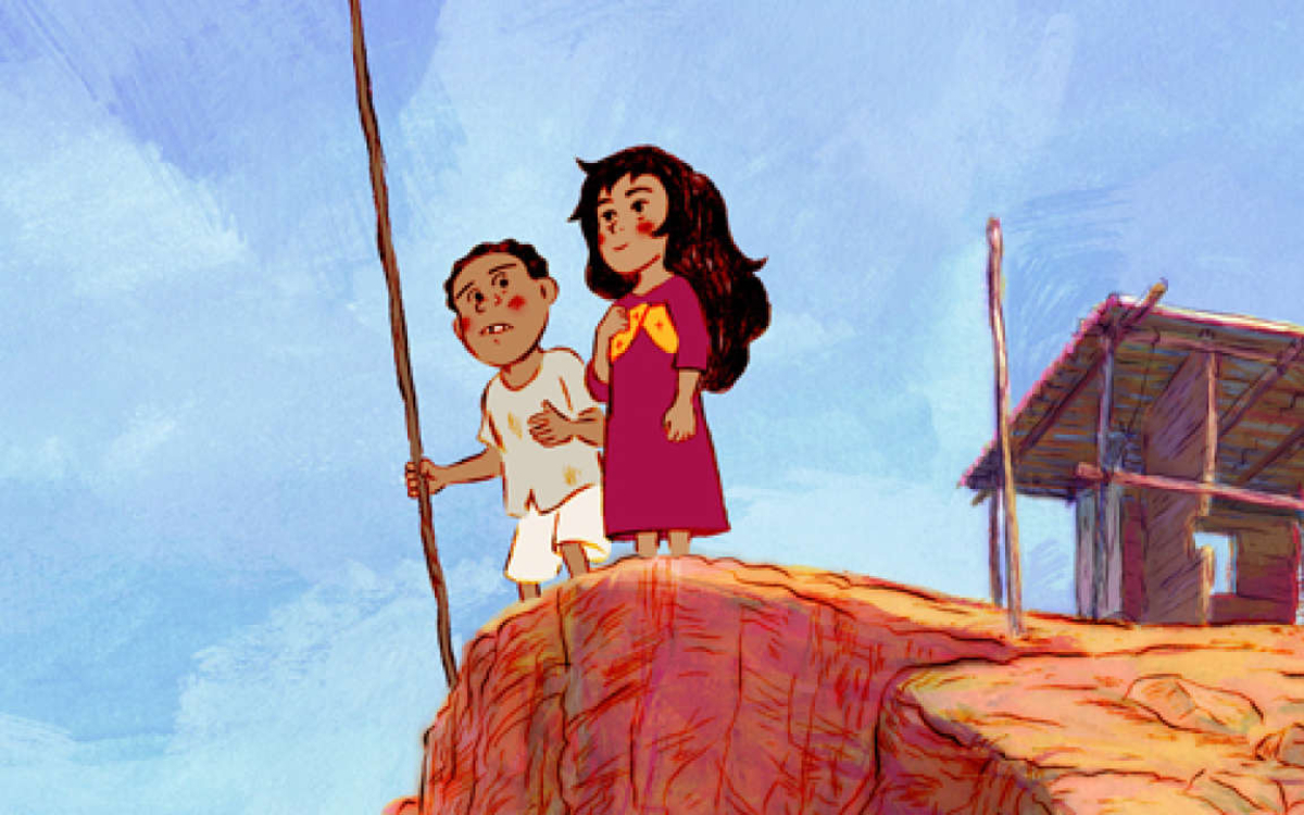 Mia et un petit garçon regardent au loin 