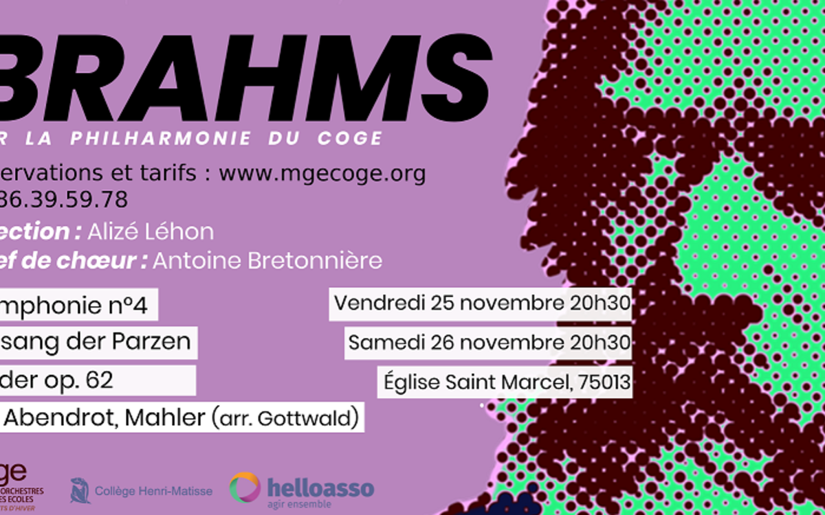 affiche du concert, avec informations pratiques et portrait de Brahms
