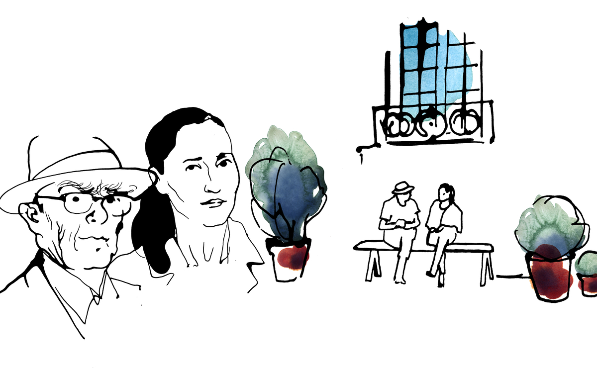 Dessin de Cynthia Fleury et Clarence Crafoord (leur visage) et d'eux deux assis sur un banc entrain de discuter