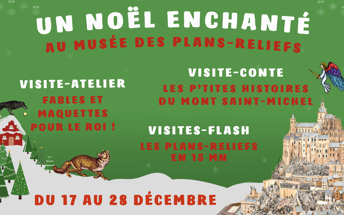 Dessin de paysage avec un ciel vert foncé et de la neige, un chalet et des sapins. Un détail du plan-relief du Mont Saint-Michel ainsi que le titre et les dates des activits proposées par le musée ont été rajoutées dessus.