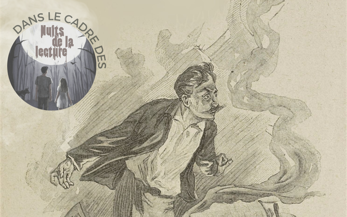 Intitulé de l'évènement et logo de l'évènement : dans le cadre des Nuits de la lecture. Image du personnage du Horla en noir et blanc sur fond gris