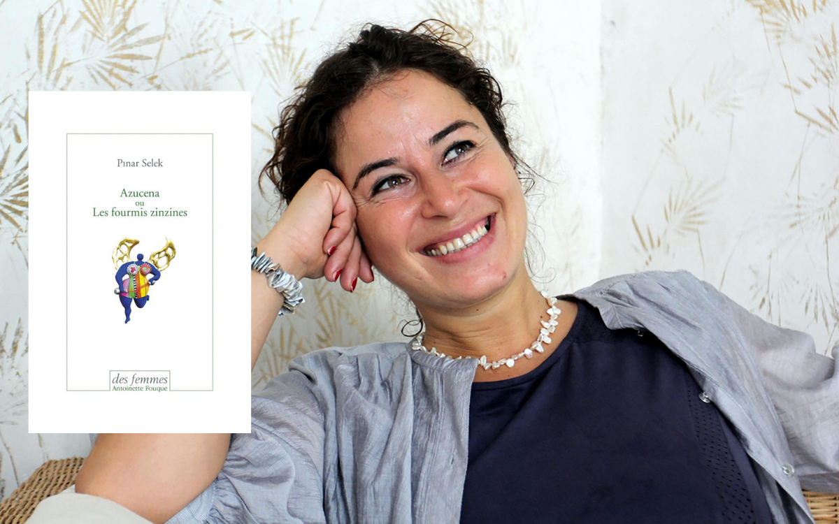 Portrait de Pinar Selek, auteur de l'ouvrage "Azucena ou les fourmis zinzines". présentation de la couverture de son titre. 