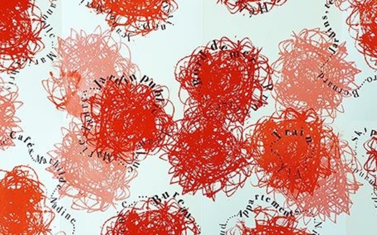 Des formes géométriques rose set rouges dans lesquelles apparaissent une multitude de mots. 