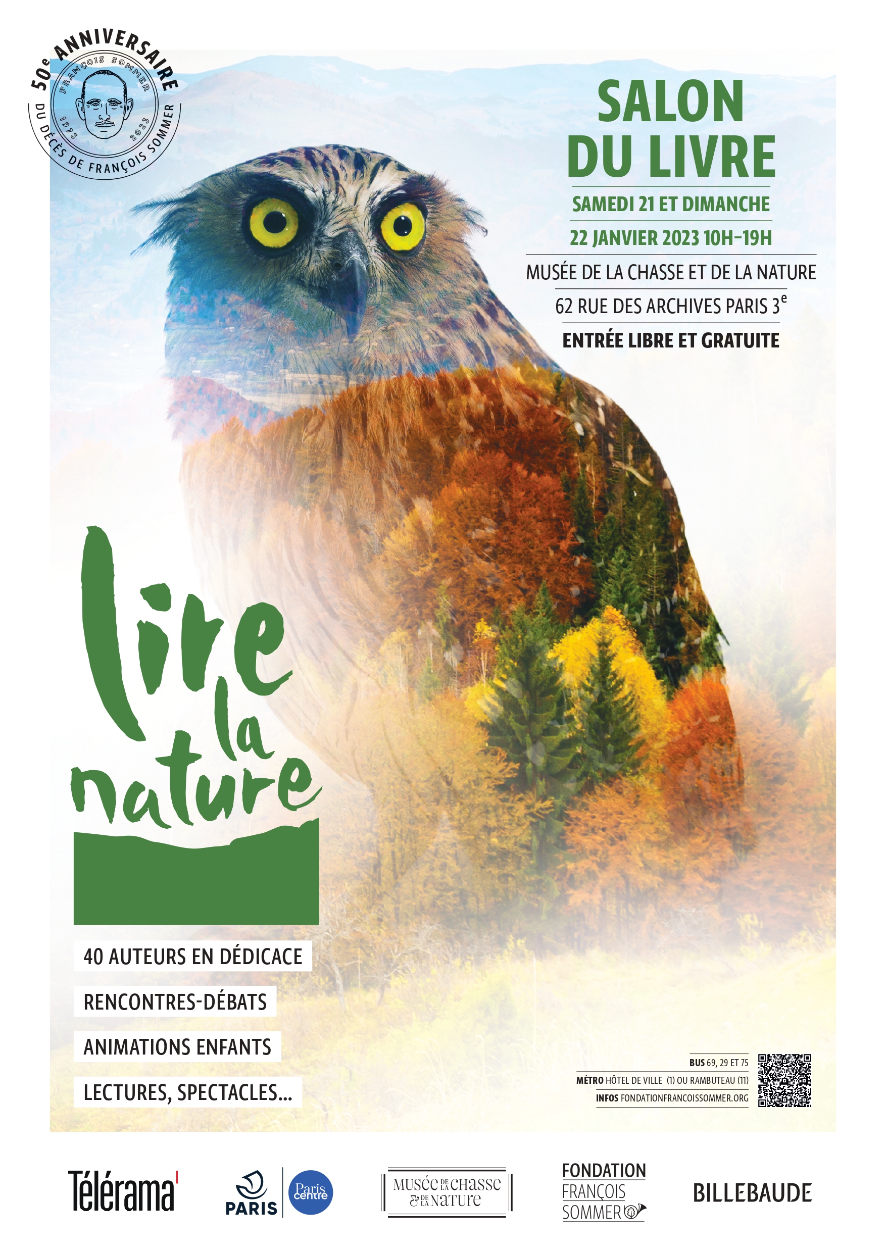 Ce visuel montre un hiboux avec le logo du salon du livre "Lire la nature", organisé par la Fondation François Sommer. 