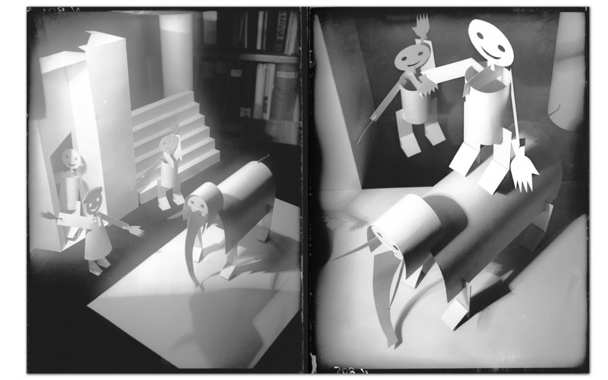 Photos d'un éléphant, d'un lion et d'un bonhomme en papier en noir et blanc