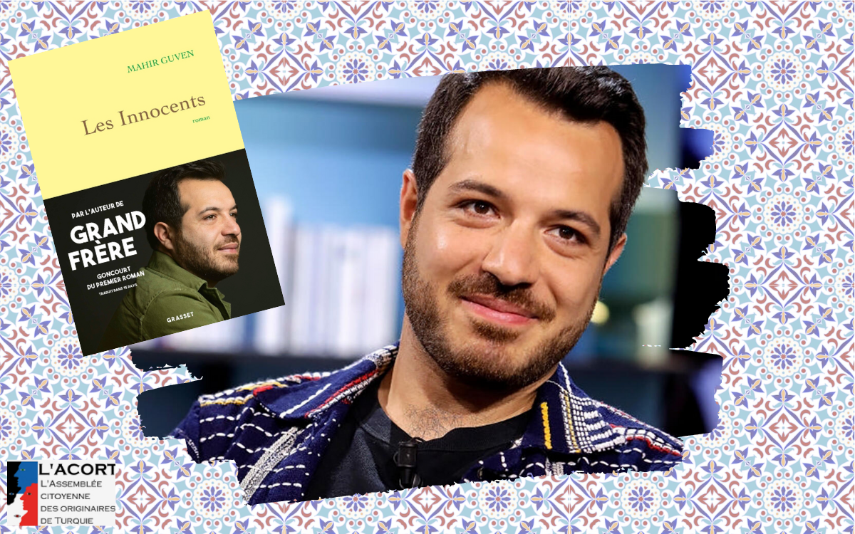 Portrait de Mahir Guven et couverture de son titre "Les innocents", avec rappel de son précédent titre paru "Grands frères".