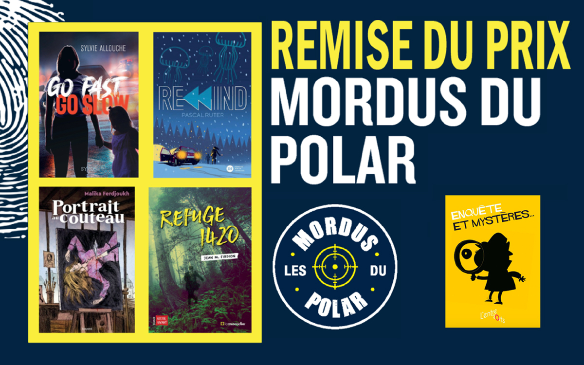visuel du prix des Mordus du polar, de la compagnie l'Entre-sorts et des couvertures des livres en compétition