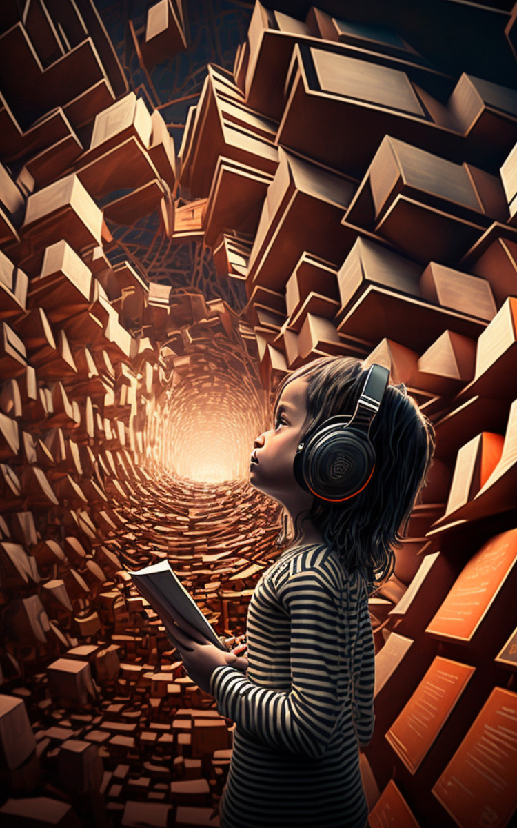 Dessin d'un enfant avec un casque audio au milieu de livres qui volent