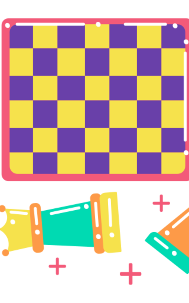 Plateau d'échecs aux cases jaunes et violettes entouré de pièces d'échecs