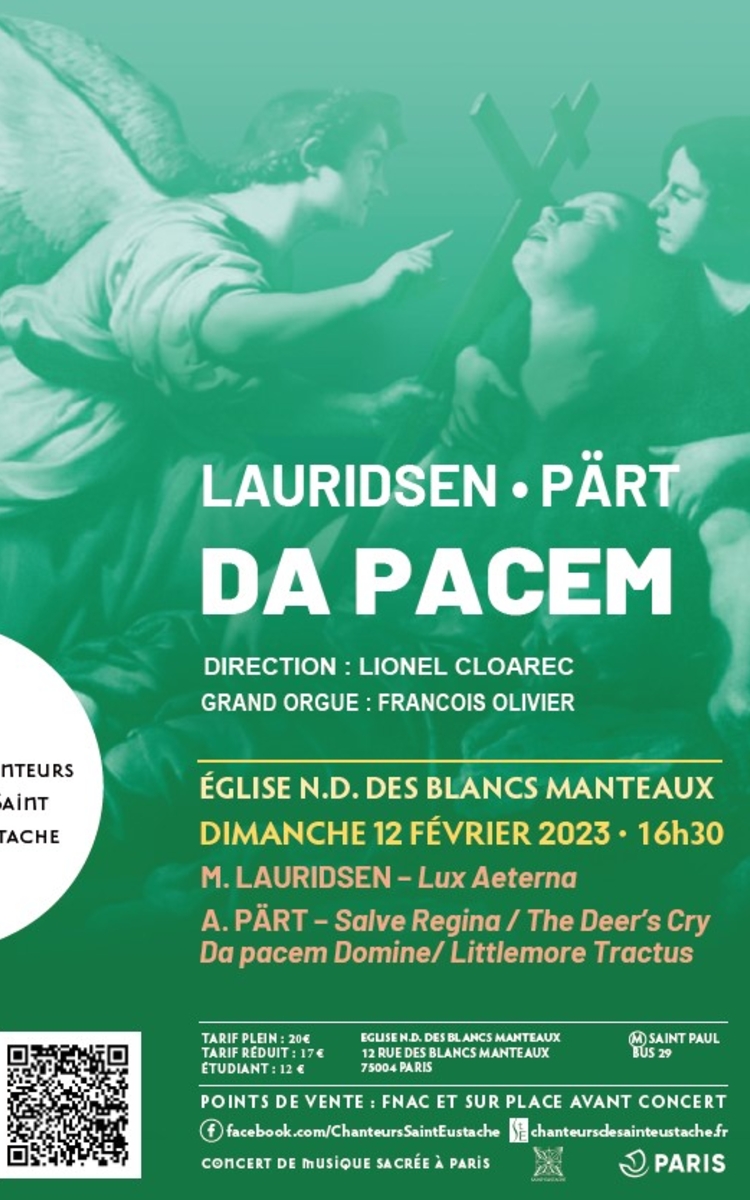 Concert des Chanteurs de Saint Eustache à l'église des Blancs Manteaux le dimanche 12 février à 16h30
