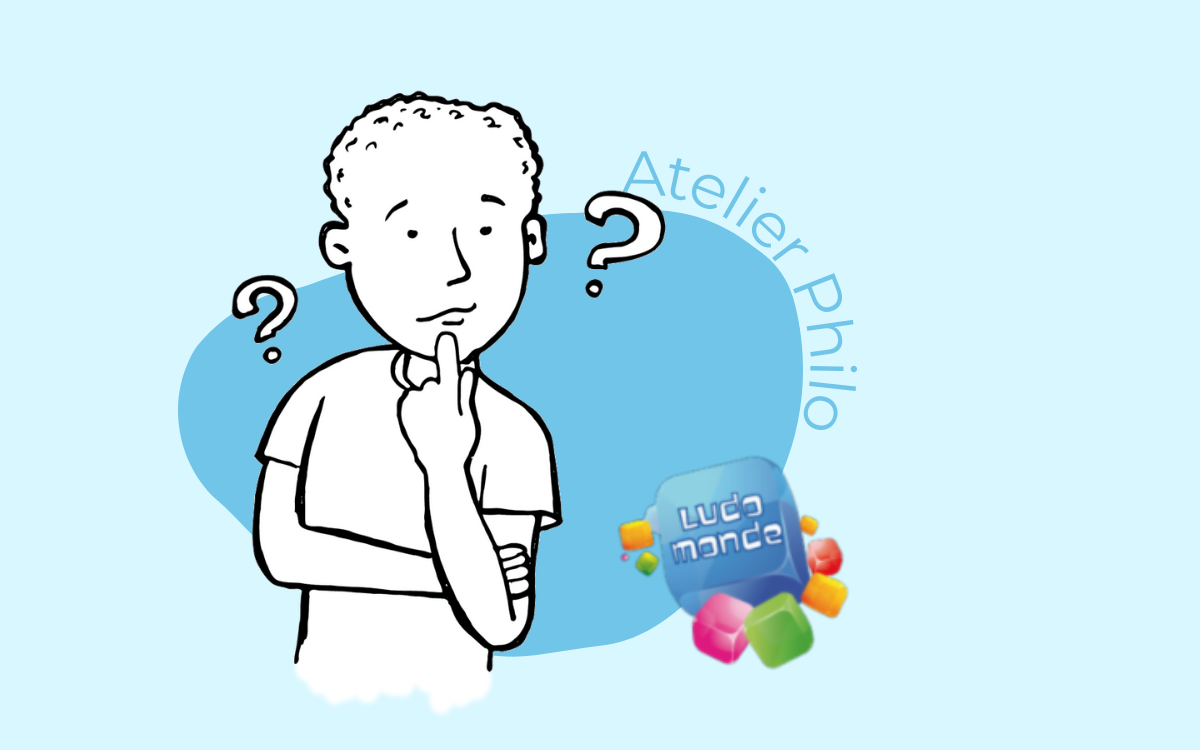 Personnage dessiné tenant un doigt devant sa bouche. Deux points d'interrogation de chaque côté. intiytulé de l'atelier philo. Logo de l'intervenant : Ludomonde