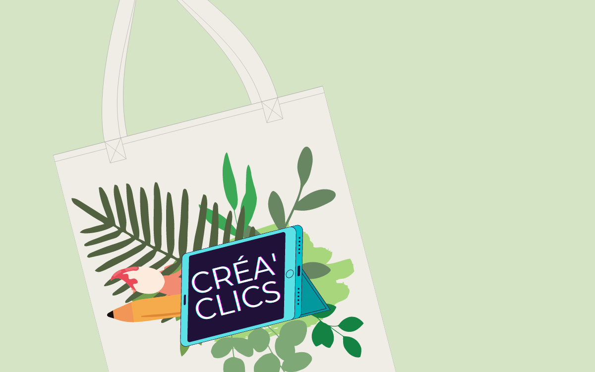 Tote bag blanc décoré avec des feuillages printaniers verts et un crayon en arrière plan