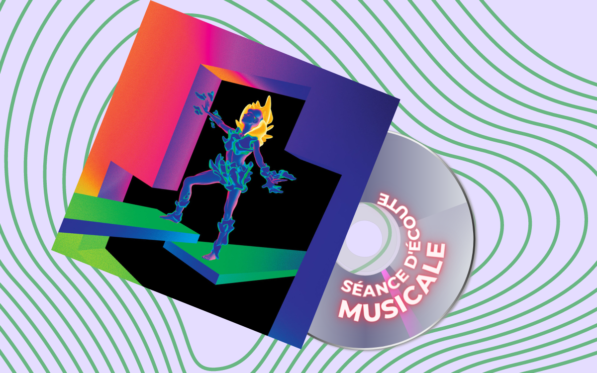 Titre de l'album : Let's Turn It Into Sound, de Kaitlyn Aurelia Smith. sillons verts en arrière plan. Pochette de l'album : femme qui danse couleurs fluo. CD à moitié sorti de la pochette.