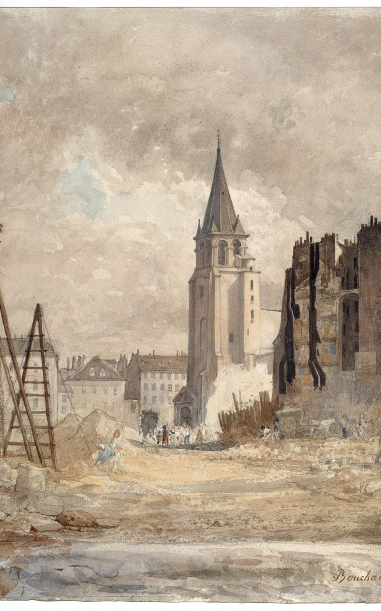Vue de Saint-Germain-des-Prés et des travaux de percement de la rue de Rennes