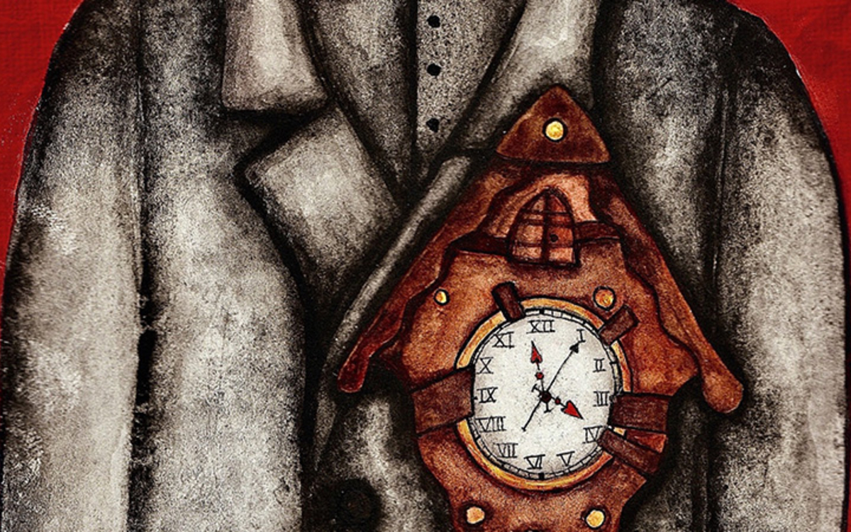 Dessin d'un homme ayant une horloge à la place du coeur.