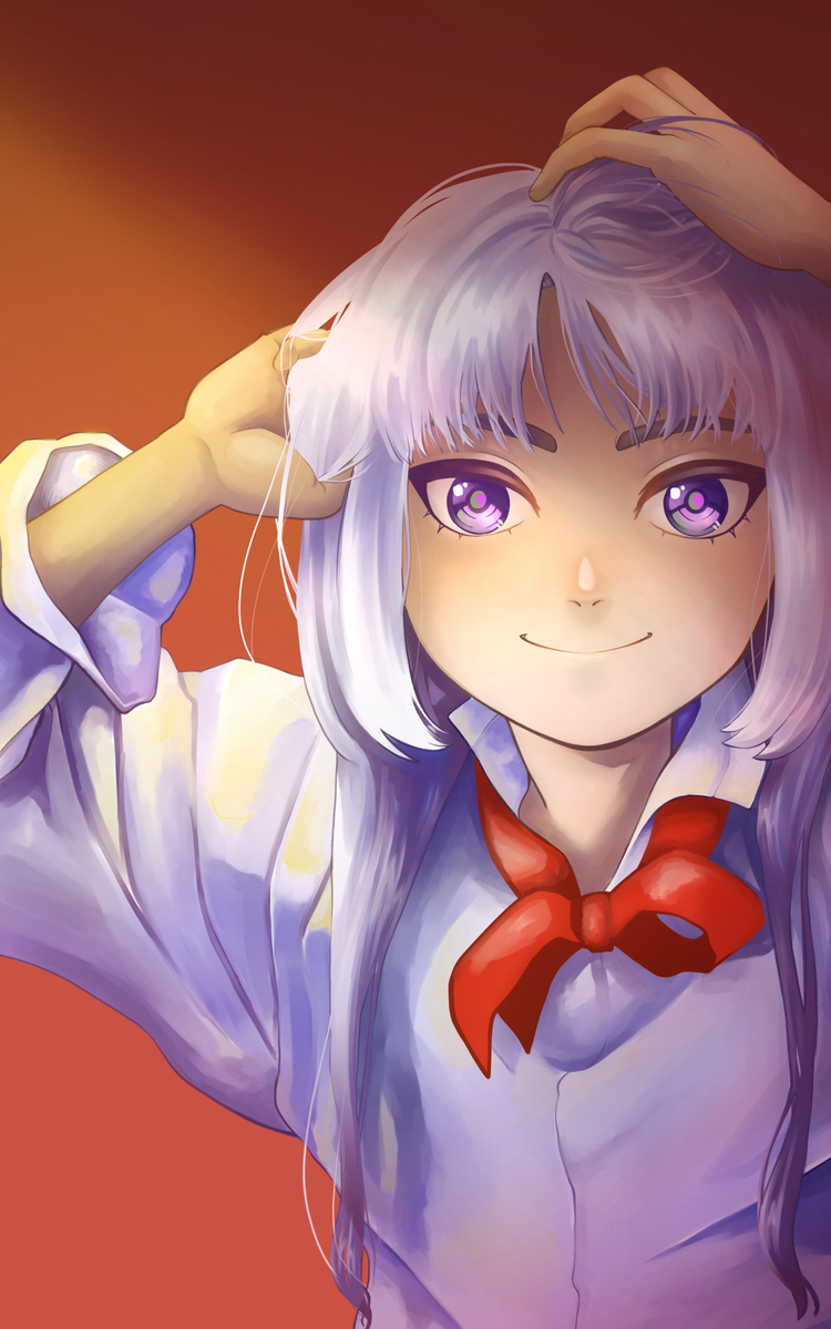 Dessin d'une femme aux cheveux violet, se tenant les cheveux d'une main. Elle souris en nous regardant.