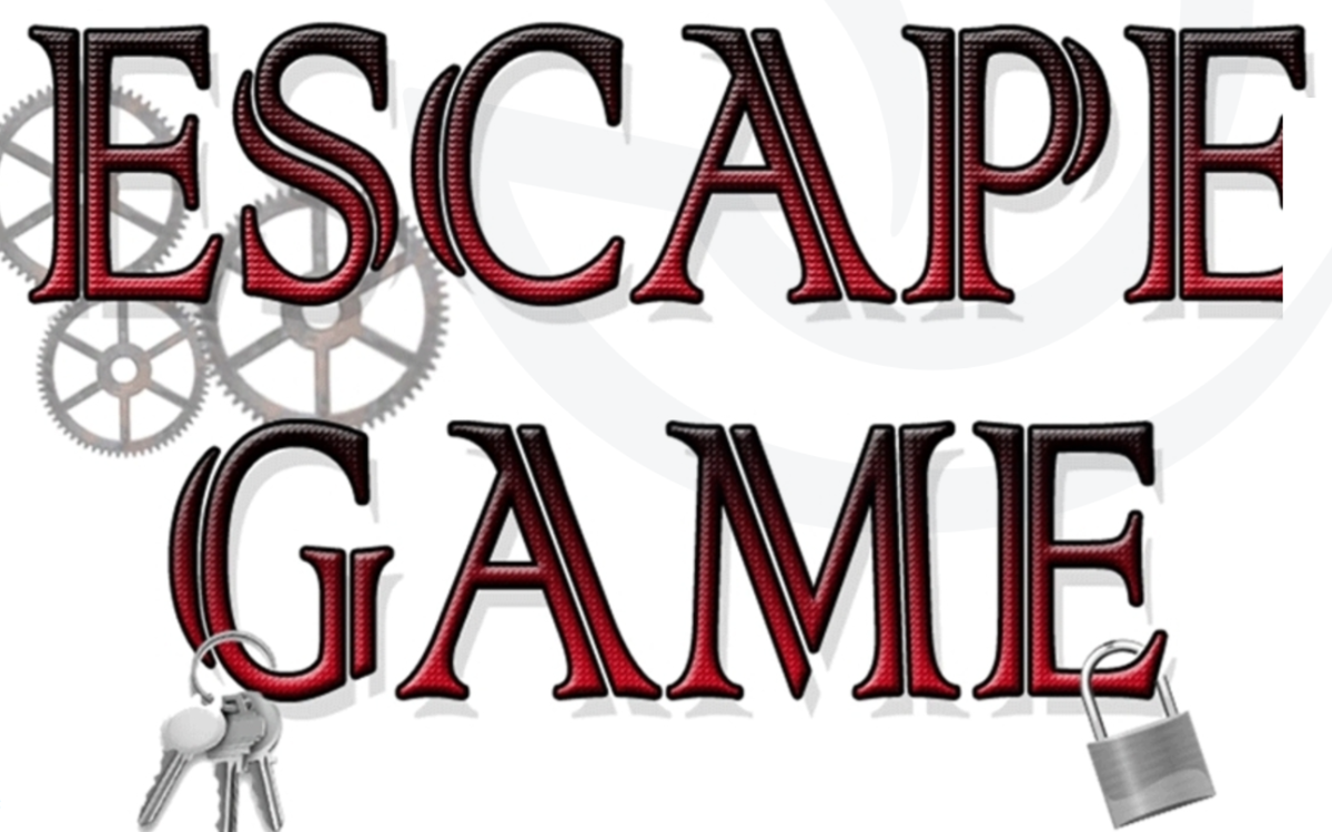 Escape Game rouge avec engrenages grisés sur fond blanc