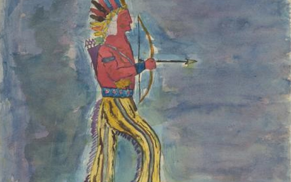 dessin d'un indien avec sa coiffe et son arc