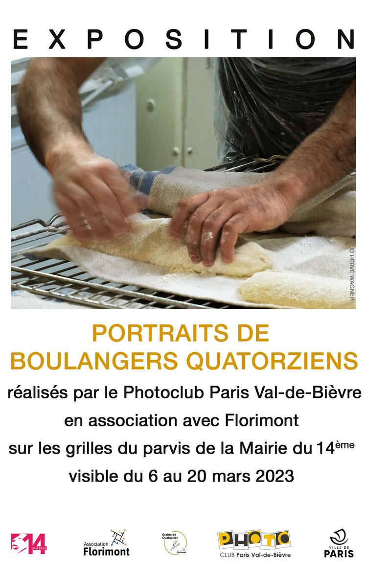 Suite au travail autour des blés anciens et de la boulangerie porté par l'associaiton Florimont et son projet Graine de quatorzien, venez découvrir des portraits de boulangers du 14e réalisés par le Photoclub Paris-Val-de-Bièvre.  Visible du 6 au 20 mars 2023 sur les grilles du parvis de la Mairie, Place Ferdinand Brunot