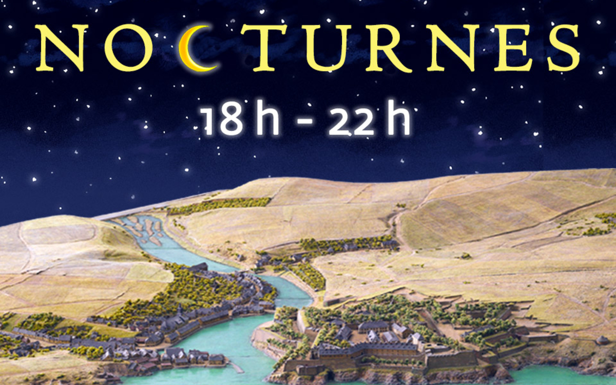 Zoom sur la maquette de Belle-Ile-en-mer avec la citadelle du Palais. L'horizon a été remplacé par un ciel bleu foncé étoilé, avec les mots en jaune "Nocturne" et "18h-22h". La lettre C de Nocturne a été remplacée par un croissant de lune jaune.