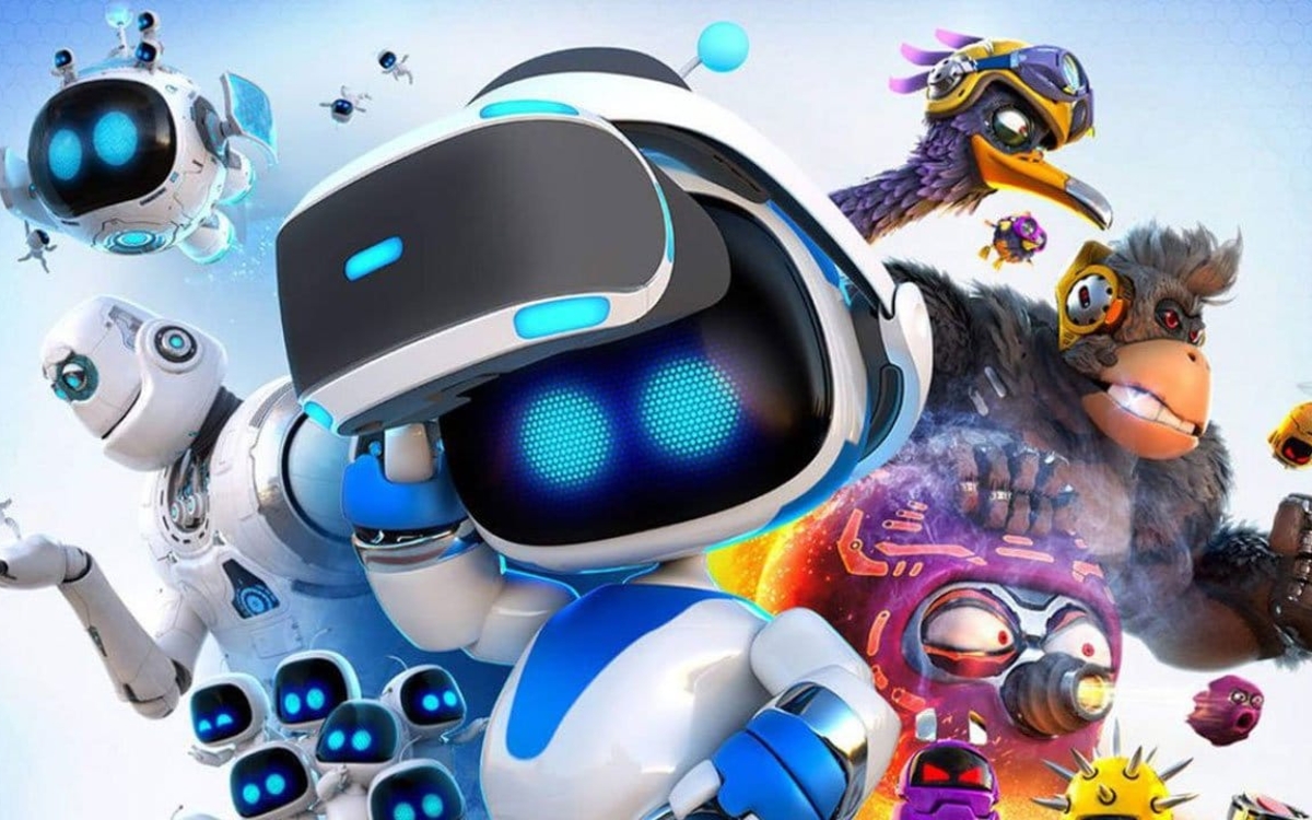 un petit robot mignon retire un casque de VR de son visage. Derrière lui, d'autres robots, des animaux et des aliens s'élancent pour un challenge.