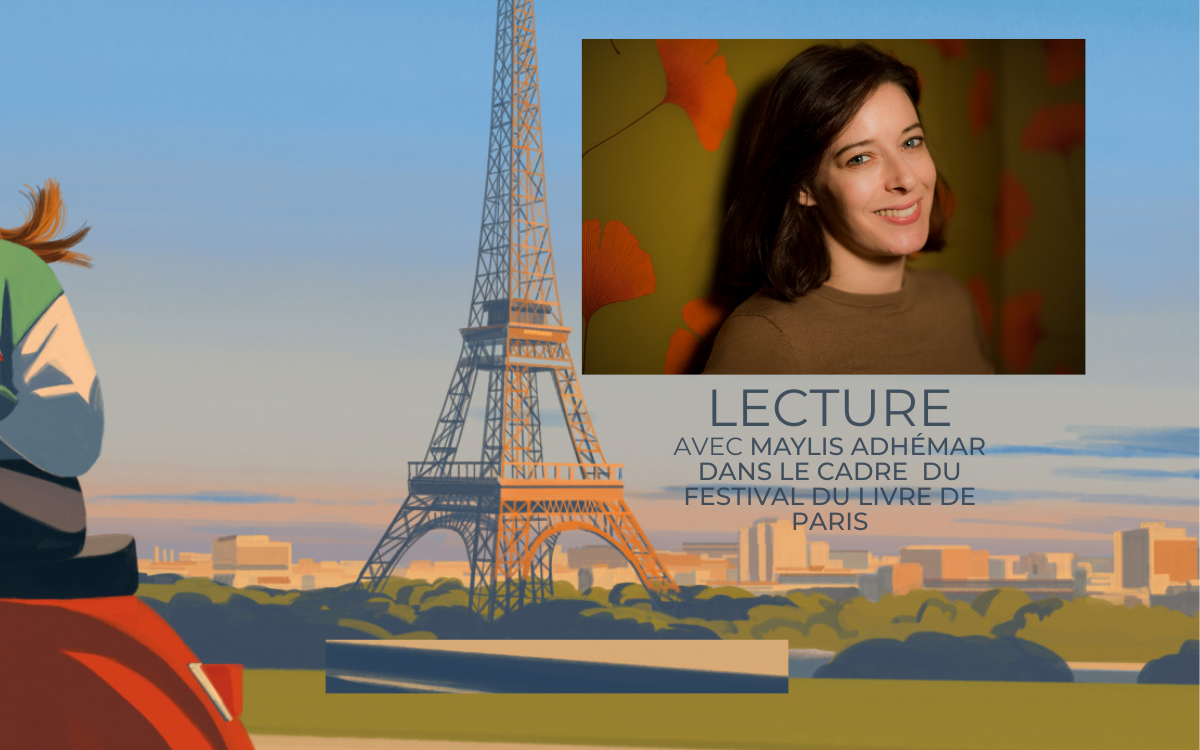 Lecture avec Maylis Adhémar dans le cadre du Festival du livre de Paris. Portrait de l'auteur. Tour Eiffel en toile de fond couleur