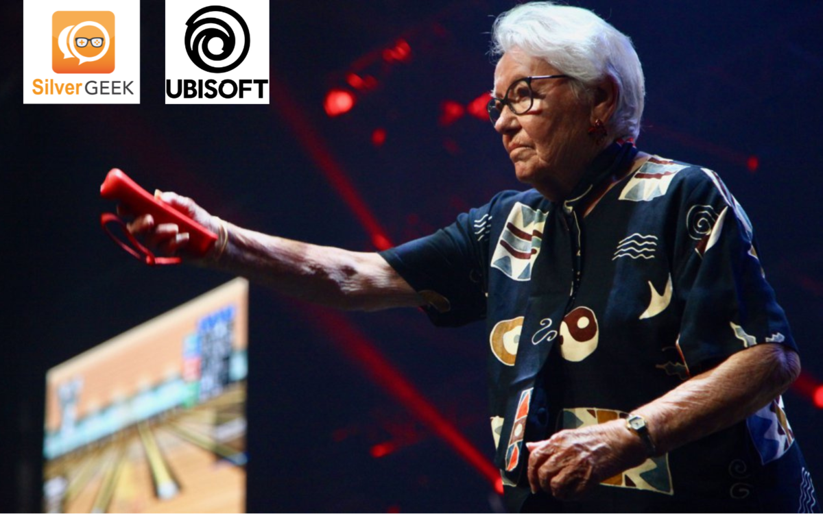 Une dame âgée joue à la switch