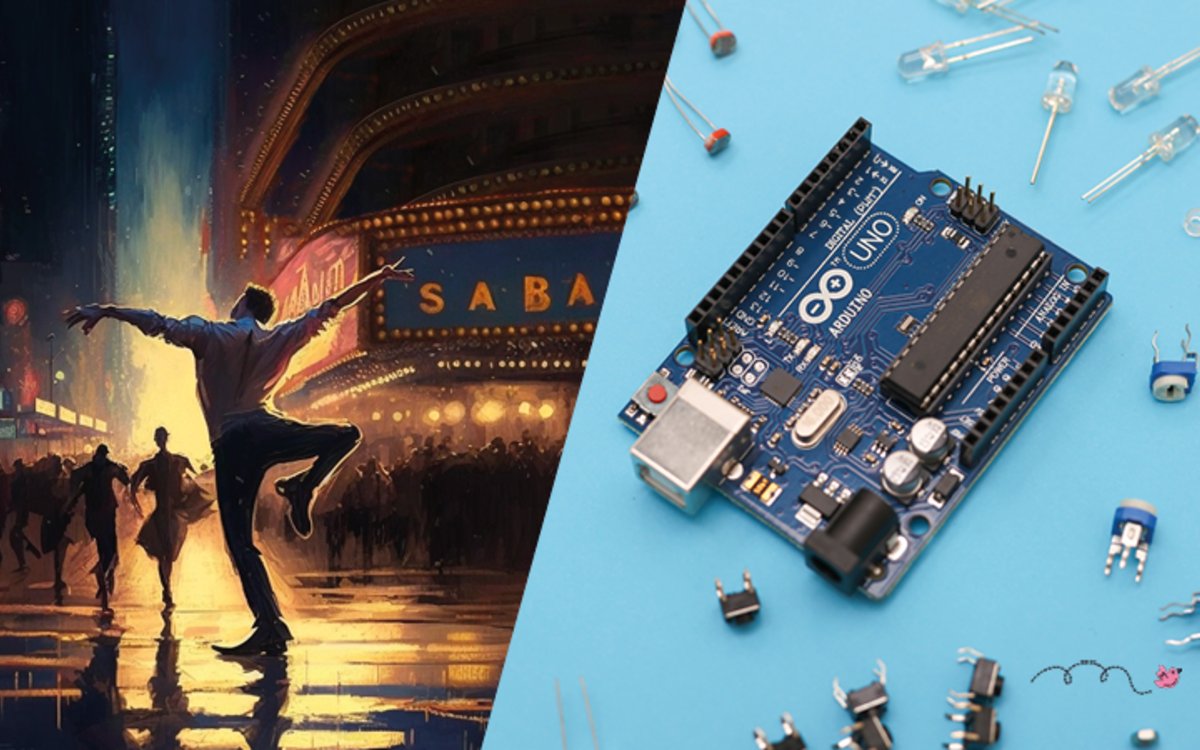à gauche dessin d'un danseur sur l'avenue de Broadway de nuit, à droite photo d'un circuit électronique Arduino sur fond bleu entouré de composant électroniques