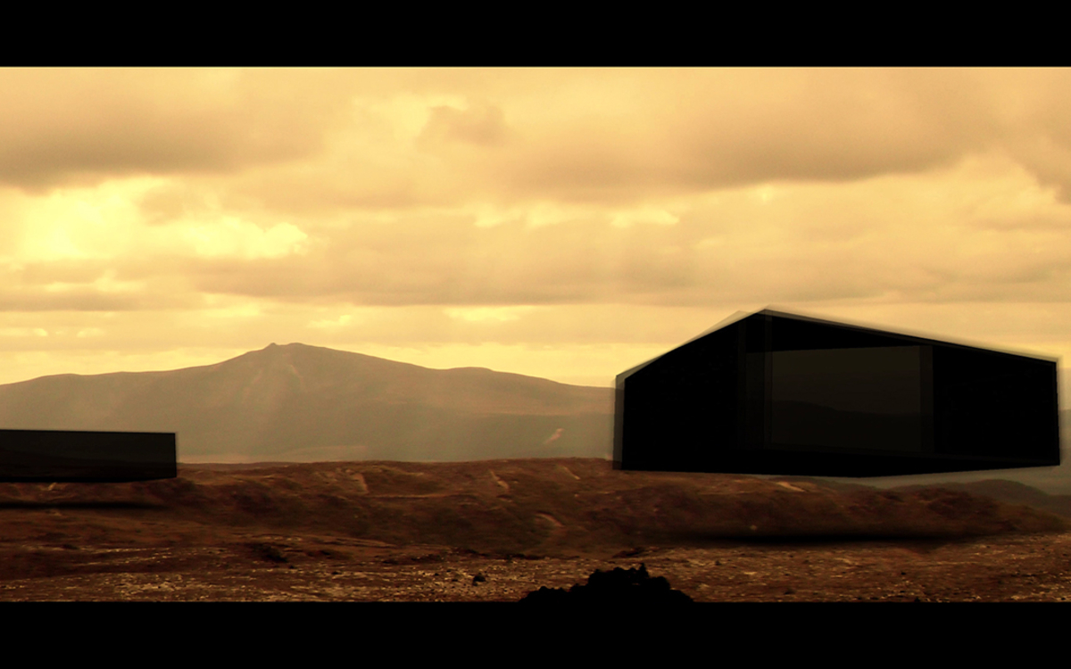 Un paysage plongé dans une lumière orangée, avec des structures volantes