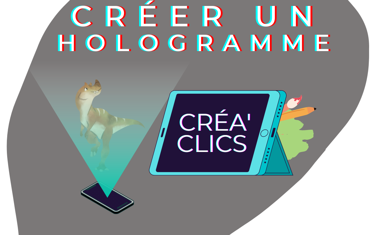 Intitulé de l'animation"Créer un hologramme". Tablette. Un faisceau lumineux vert dans lequel apparaît un dinosaure