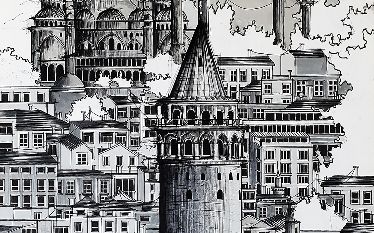 dessin de Sedanur Oner représentant une ville imaginaire avec des édifices religieux