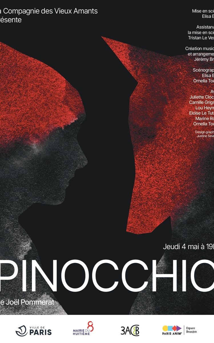 Dessin d'un enfant, en ombre, portant un chapeau rouge, face à une tête de loup rouge, le tout en ombre. 