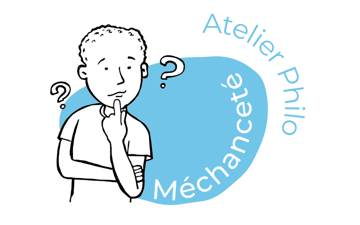 Intitulé de l'animation. Atelier Philo Méchanceté. Personnage qui s'interroge. Points d'interrogations. 