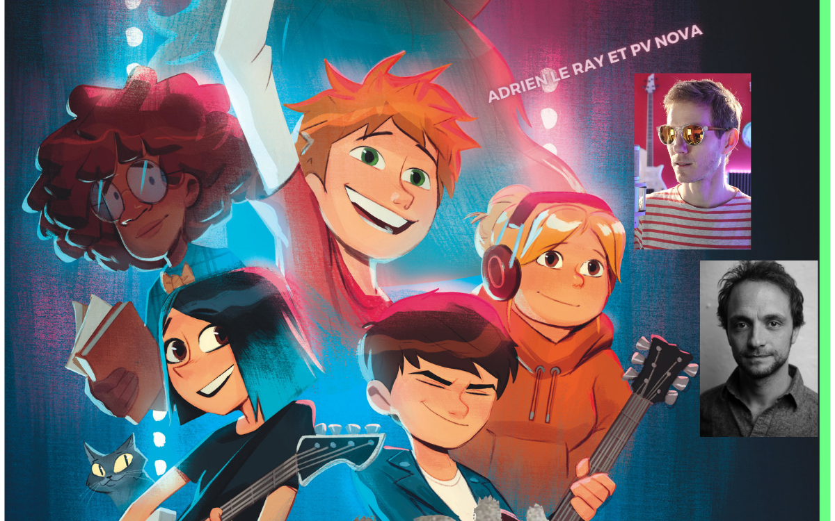 Personnages colorés de la BD Splash avec les poortraits des auteurs PV Nova et Adrien Lerayy